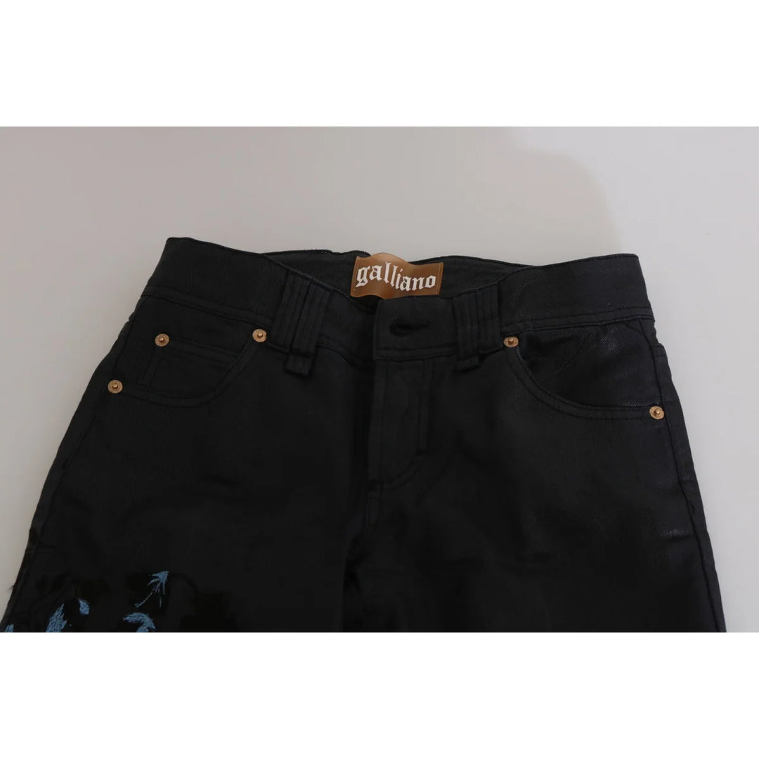 John Galliano Black Swan Floral Embroidered Mid Waist Skinny Denim Jeans