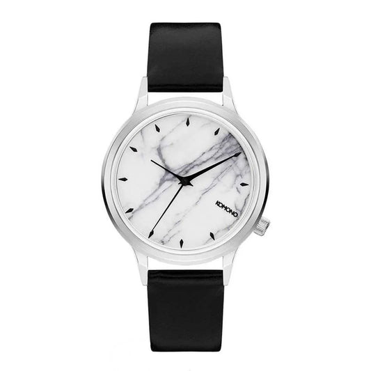 Komono Black Leather Dress Watch with Multicolored Dial and Silver Case