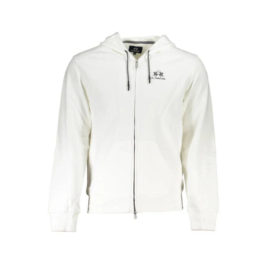 La Martina White Cotton Men Sweater with Hood and Zip Pockets