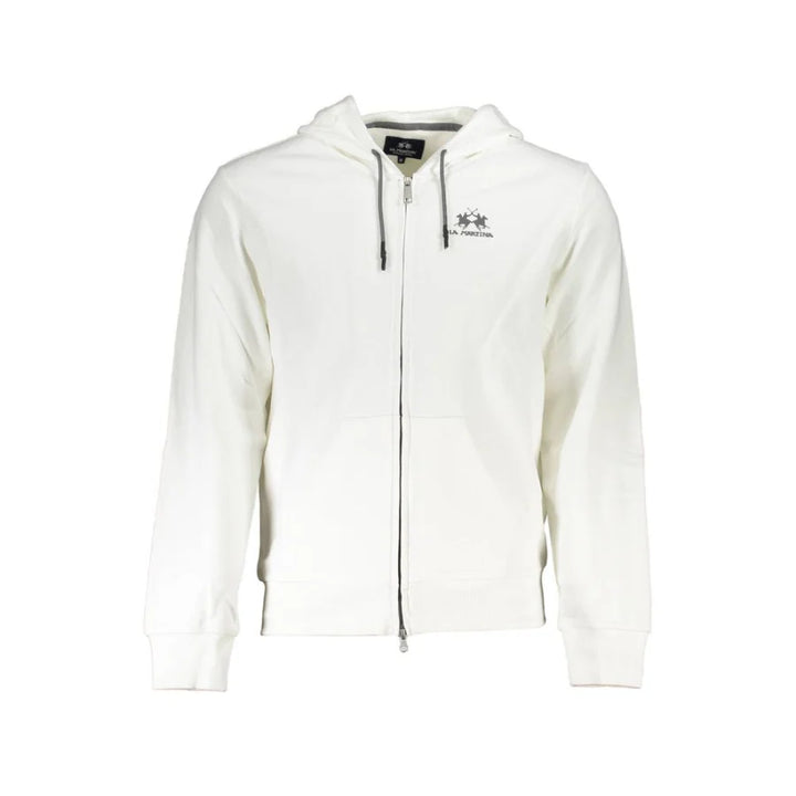 La Martina White Cotton Men Sweater with Hood and Zip Pockets
