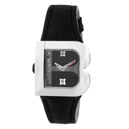 Laura Biagiotti Black Leather Dress Watch with Silver Steel Case