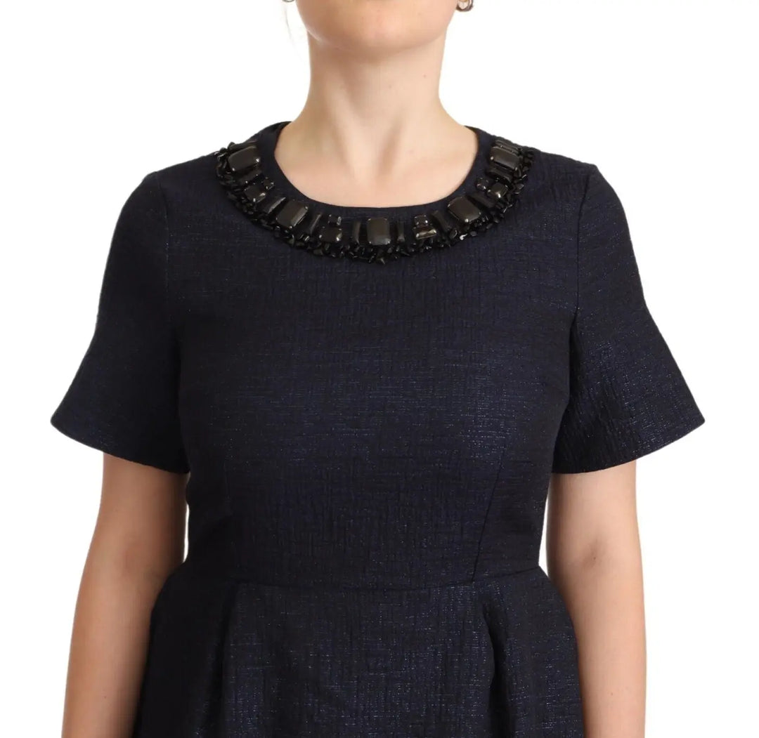 L’Autre Chose Black Embellished Short Sleeves Mini A-line Dress