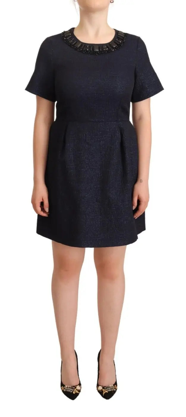 L’Autre Chose Black Embellished Short Sleeves Mini A-line Dress