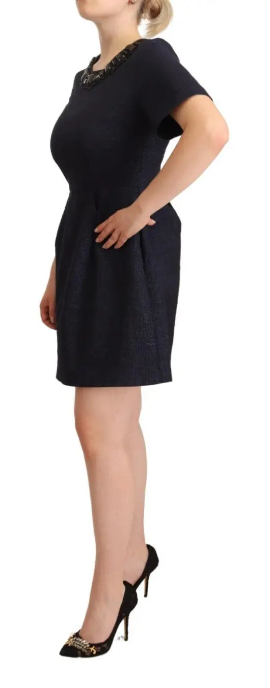 L’Autre Chose Black Embellished Short Sleeves Mini A-line Dress