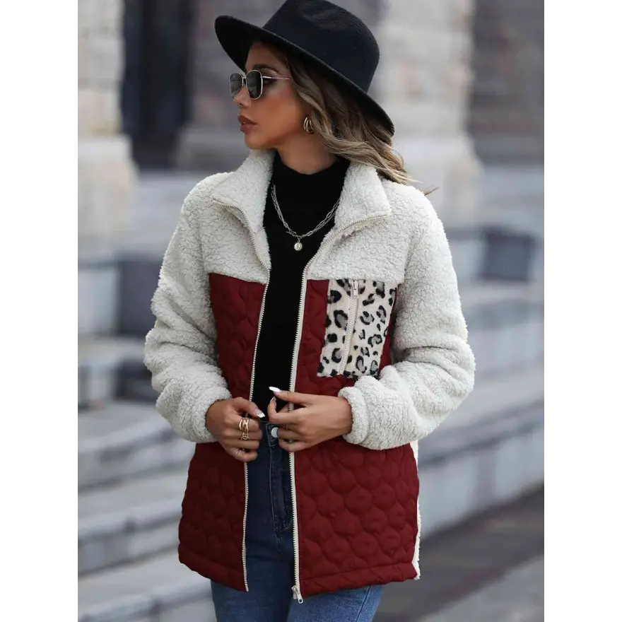 Leopard Color Block Zip Up Jacket Roars With Style Clothing Jackets Trendsi