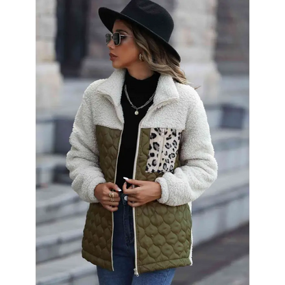 Leopard Color Block Zip-Up Jacket for Trendy Outerwear Style Clothing Jackets Trendsi