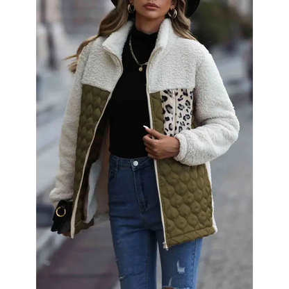 Leopard Color Block Zip-Up Jacket for Trendy Outerwear Style Clothing Jackets Trendsi