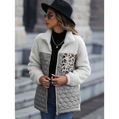 Leopard Color Block Zip-Up Jacket for Trendy Outerwear Style Clothing Jackets Trendsi