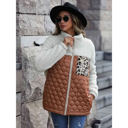 Leopard Color Block Zip-Up Jacket for Trendy Outerwear Style Clothing Jackets Trendsi