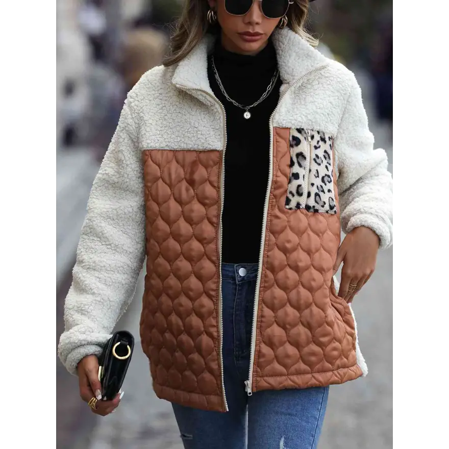 Leopard Color Block Zip Up Jacket Roars With Style Clothing Jackets Trendsi