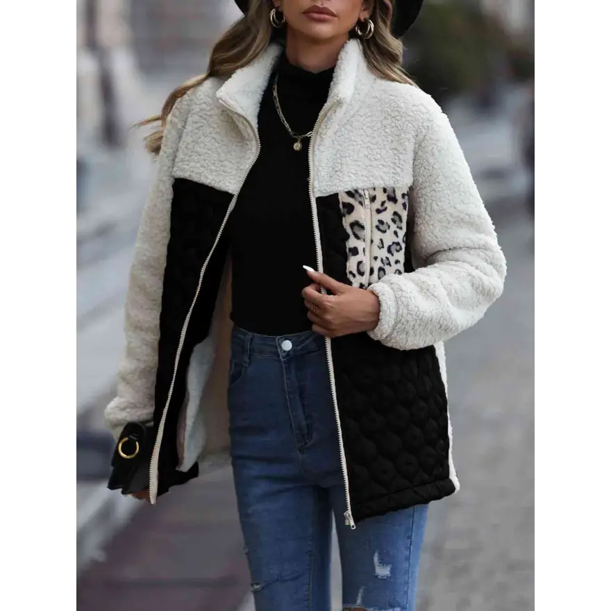 Leopard Color Block Zip Up Jacket Roars With Style Clothing Jackets Trendsi