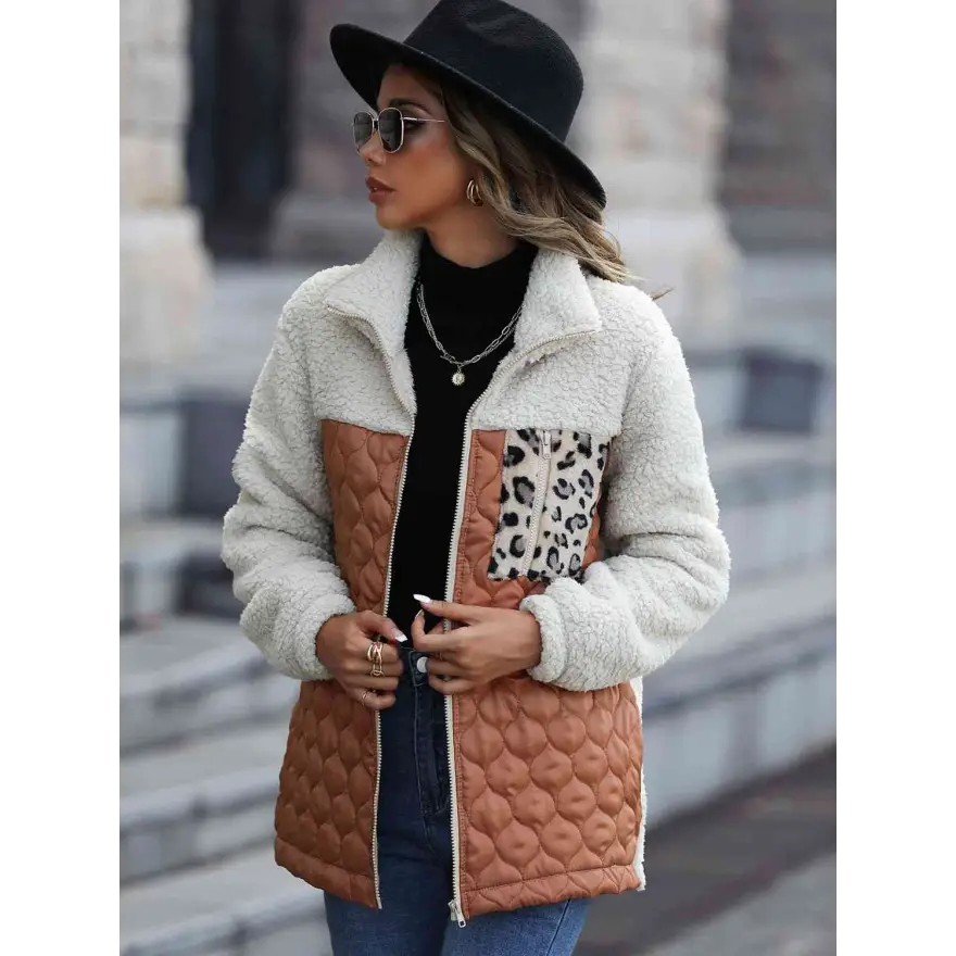 Leopard Color Block Zip Up Jacket Roars With Style Clothing Jackets Trendsi