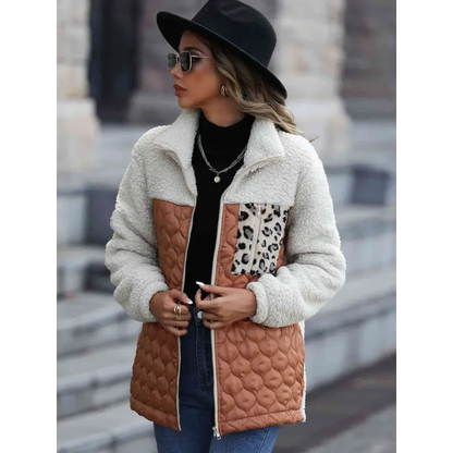 Leopard Color Block Zip-Up Jacket for Trendy Outerwear Style Clothing Jackets Trendsi