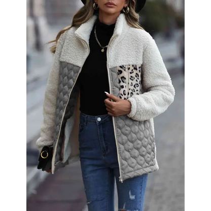 Leopard Color Block Zip-Up Jacket for Trendy Outerwear Style Clothing Jackets Trendsi