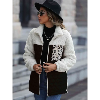 Leopard Color Block Zip-Up Jacket for Trendy Outerwear Style Clothing Jackets Trendsi