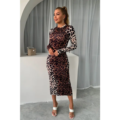 Unleash Your Style with the Leopard Long Sleeve Slit Dress Clothing Tops Trendsi