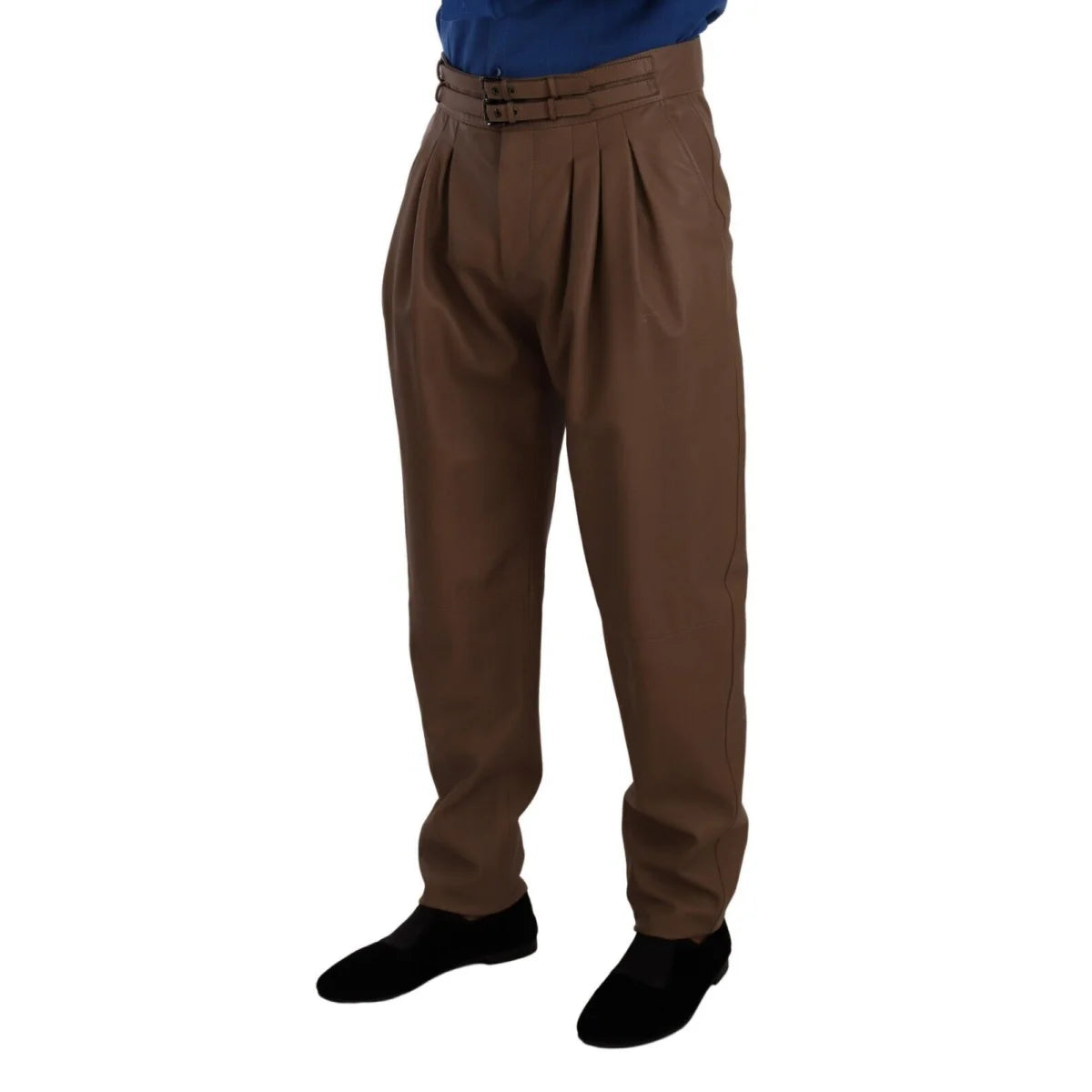 Luxury Dolce Gabbana Leather Tapered High Waist Pants with Button Closure &