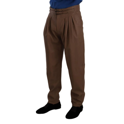 Luxury Dolce Gabbana Leather Tapered High Waist Pants with Button Closure &