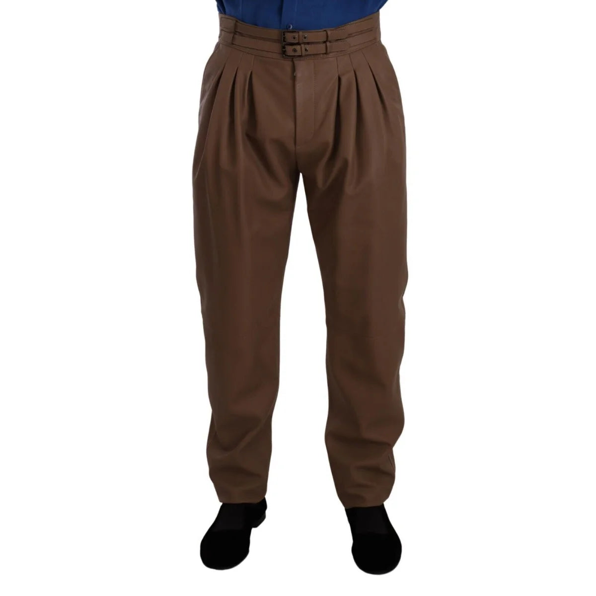 Luxury Dolce Gabbana Leather Tapered High Waist Pants with Button Closure &