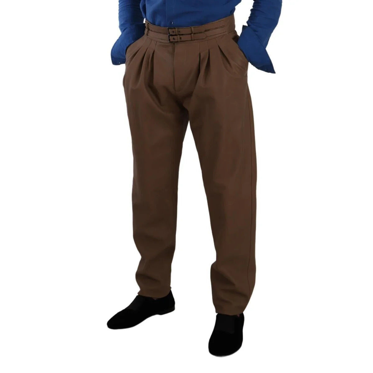 Luxury Dolce Gabbana Leather Tapered High Waist Pants with Button Closure &