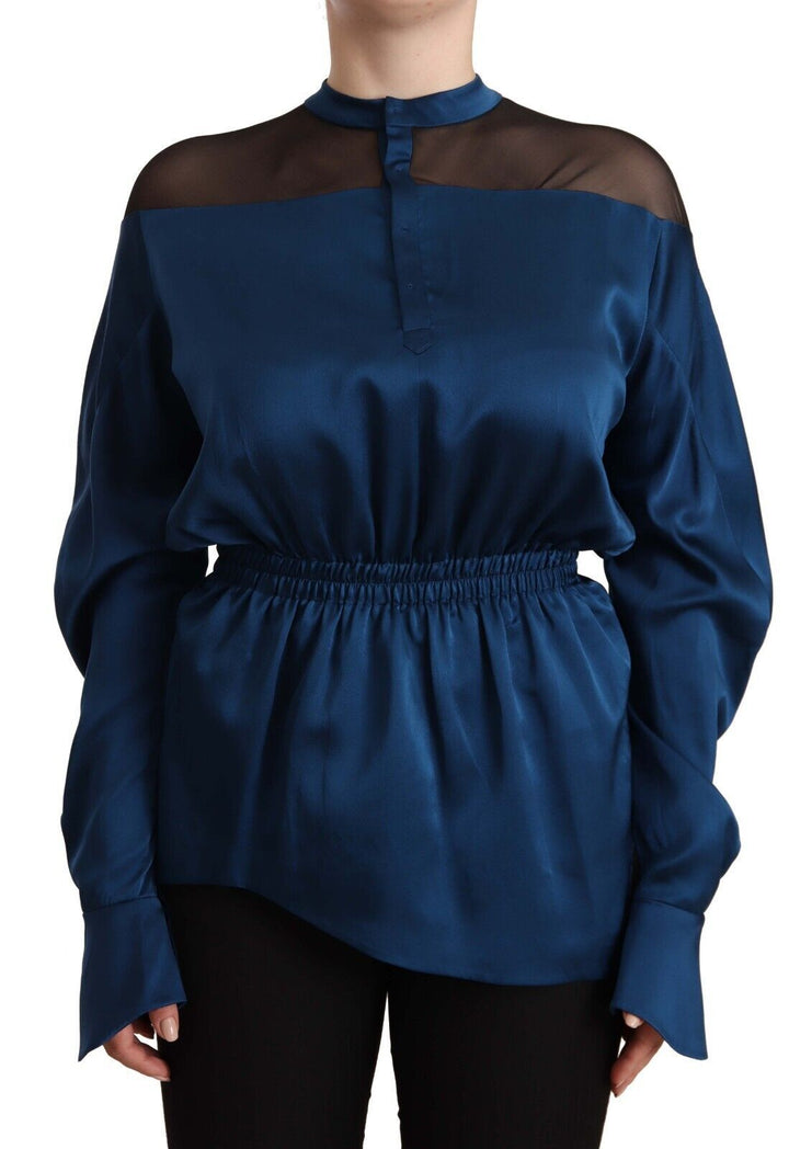 Masha Ma - Blue Silk Long Sleeves Elastic Waist Top Blouse