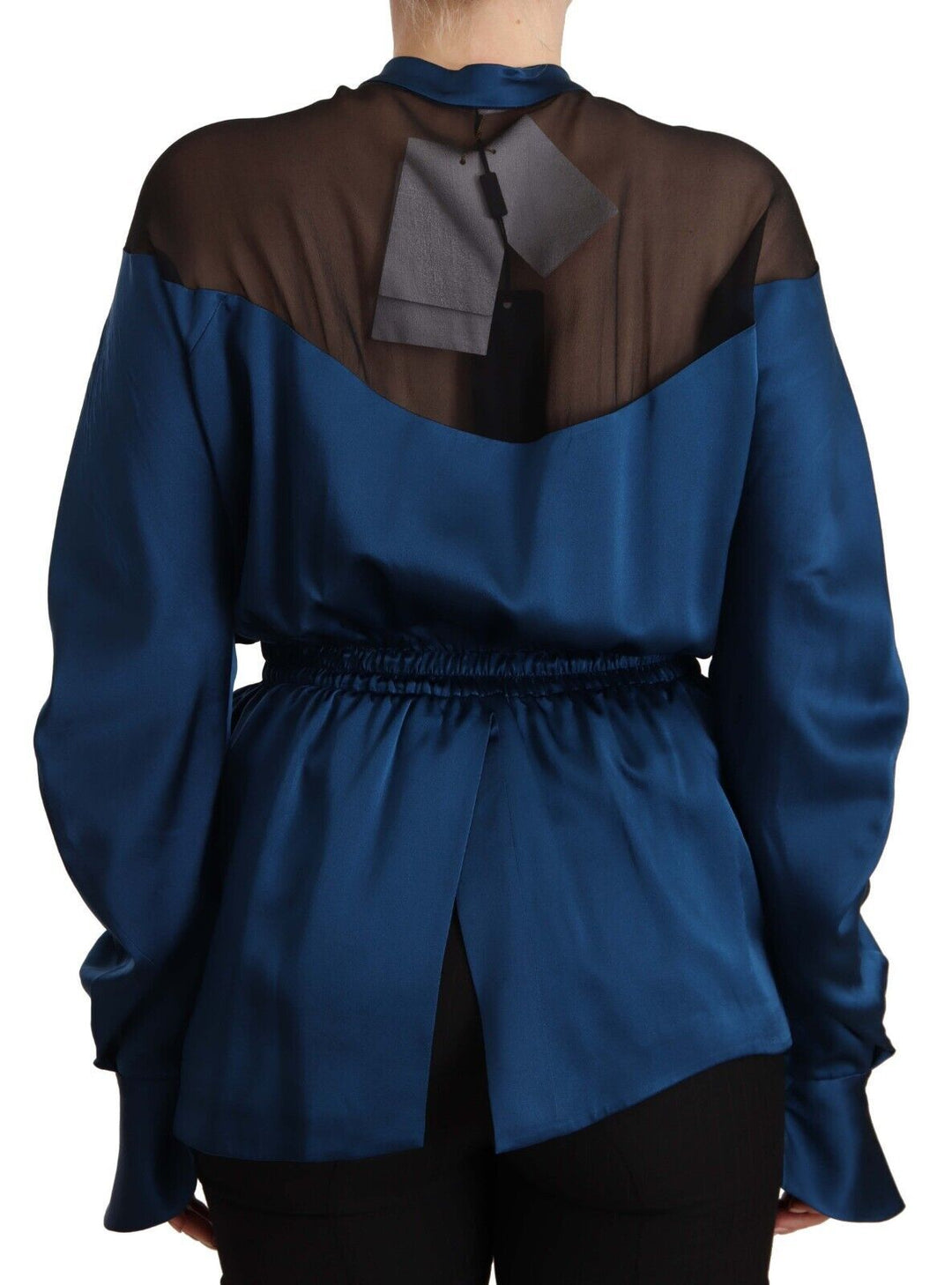 Masha Ma - Blue Silk Long Sleeves Elastic Waist Top Blouse