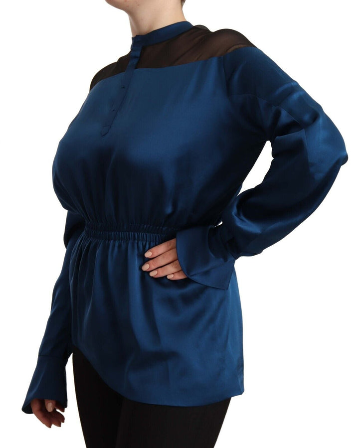 Masha Ma - Blue Silk Long Sleeves Elastic Waist Top Blouse