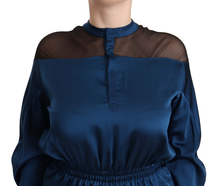 Masha Ma - Blue Silk Long Sleeves Elastic Waist Top Blouse