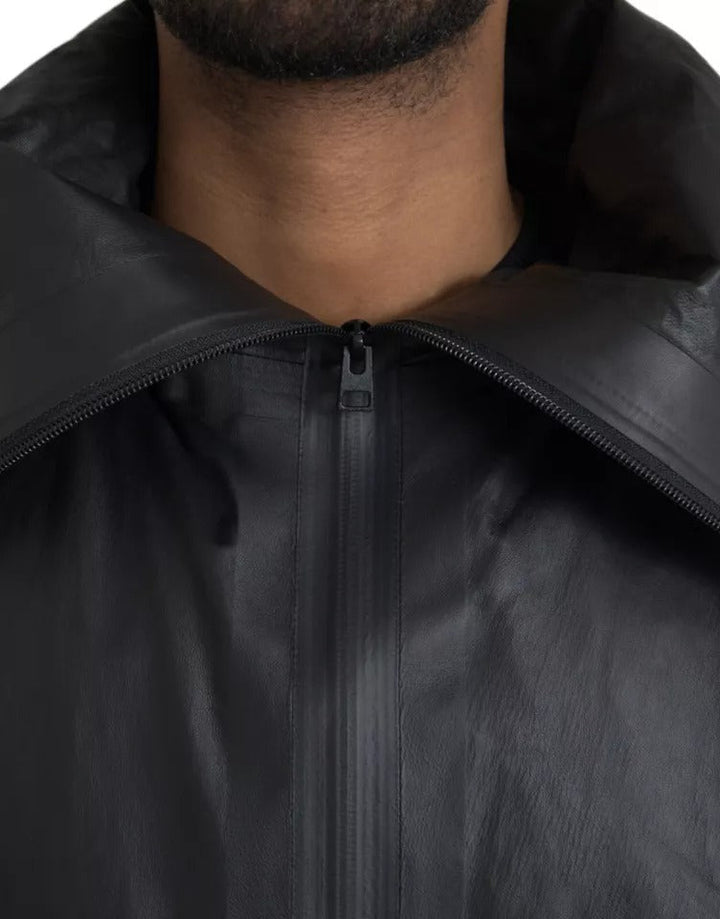 Men’s Bottega Veneta Black Leather Hooded Men Trenchcoat Jacket