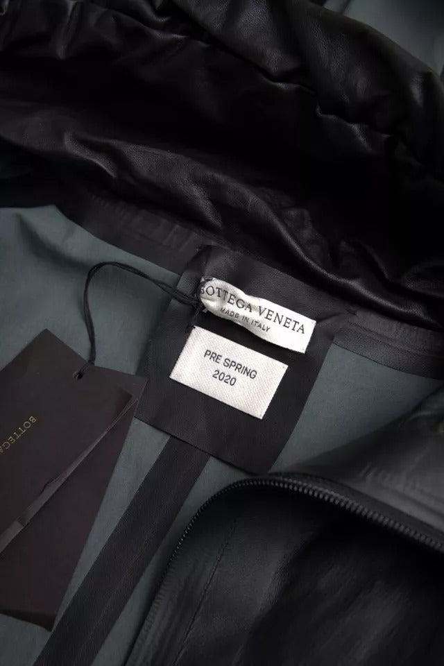 Men’s Bottega Veneta Black Leather Hooded Men Trenchcoat Jacket