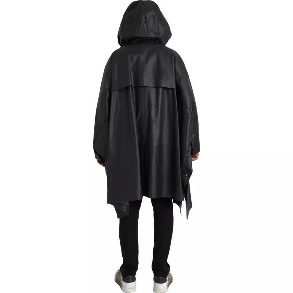 Men’s Bottega Veneta Black Leather Hooded Men Trenchcoat Jacket