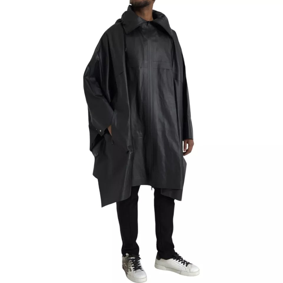 Men’s Bottega Veneta Black Leather Hooded Men Trenchcoat Jacket