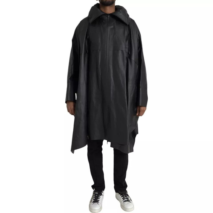Men’s Bottega Veneta Black Leather Hooded Men Trenchcoat Jacket