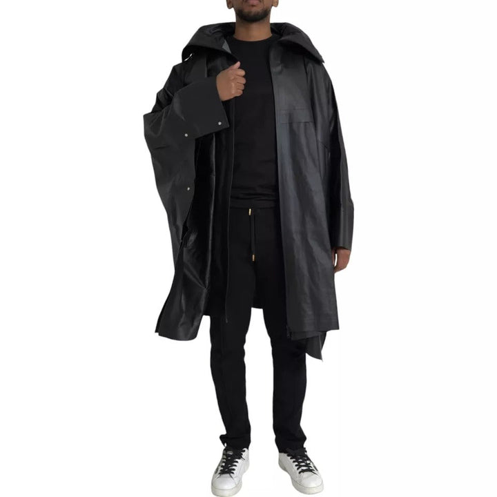 Men’s Bottega Veneta Black Leather Hooded Men Trenchcoat Jacket