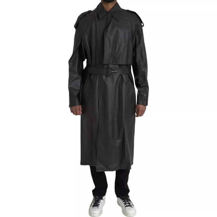 Men’s Bottega Veneta Black Leather Men Waterproof Trenchcoat Jacket