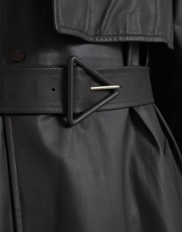 Men’s Bottega Veneta Black Leather Men Waterproof Trenchcoat Jacket