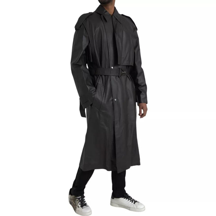Men’s Bottega Veneta Black Leather Men Waterproof Trenchcoat Jacket