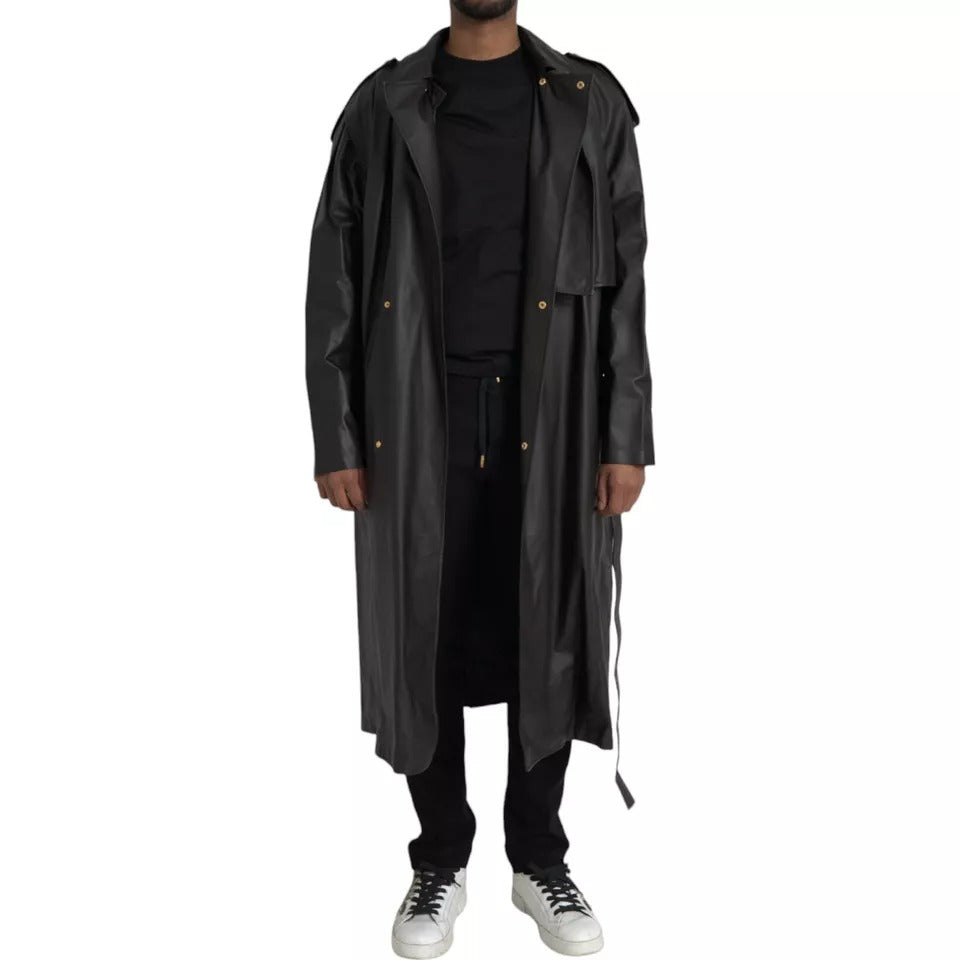Men’s Bottega Veneta Black Leather Men Waterproof Trenchcoat Jacket