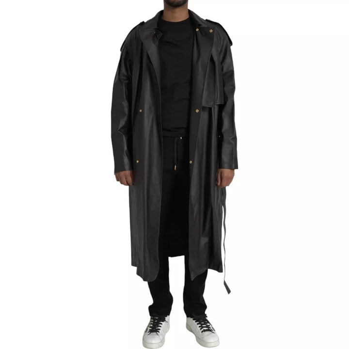 Men’s Bottega Veneta Black Leather Men Waterproof Trenchcoat Jacket