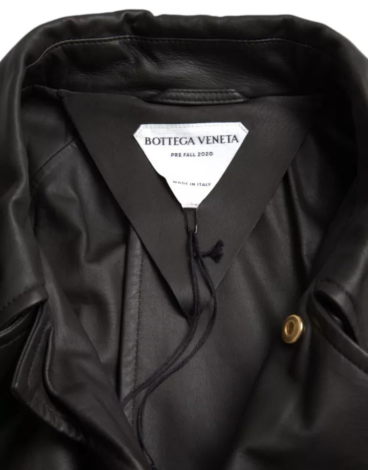 Men’s Bottega Veneta Black Leather Men Waterproof Trenchcoat Jacket