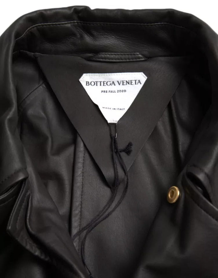 Men’s Bottega Veneta Black Leather Men Waterproof Trenchcoat Jacket