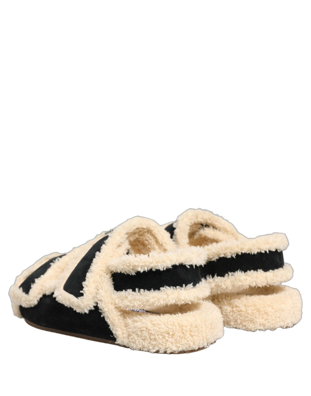 Men’s Dolce &amp; Gabbana Beige Black Faux Fur Flats Men Sandals Shoes