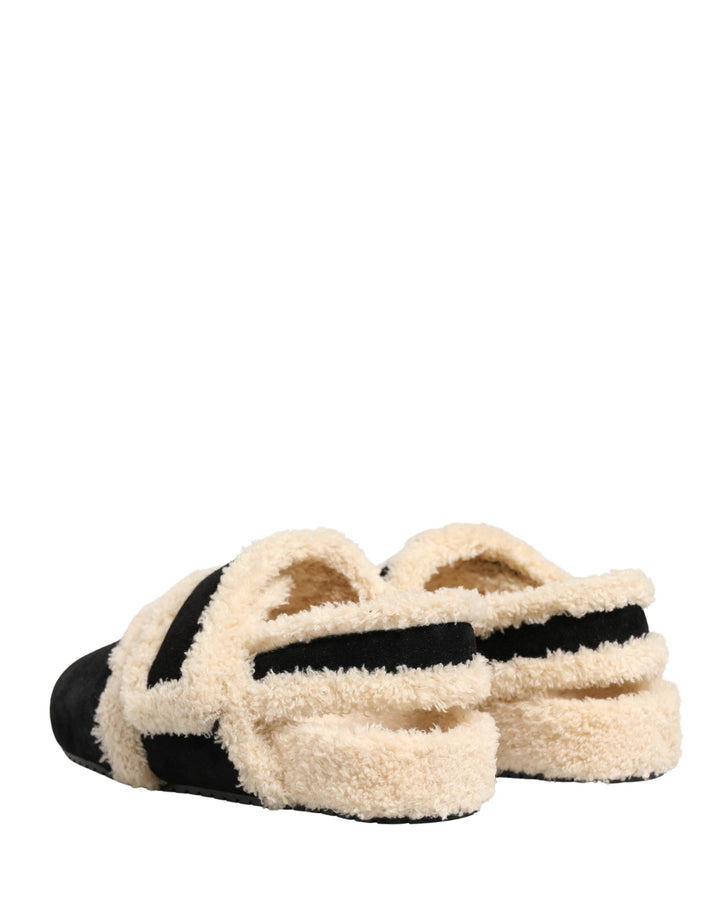 Men’s Dolce &amp; Gabbana Beige Black Faux Fur Flats Men Sandals Shoes