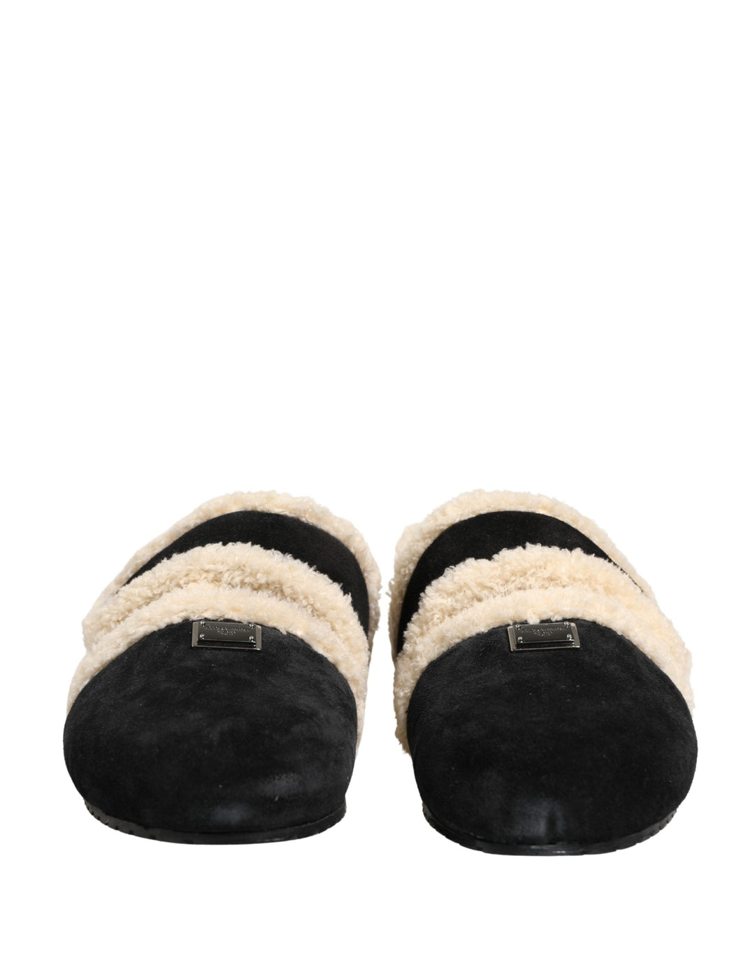 Men’s Dolce &amp; Gabbana Beige Black Faux Fur Flats Men Sandals Shoes