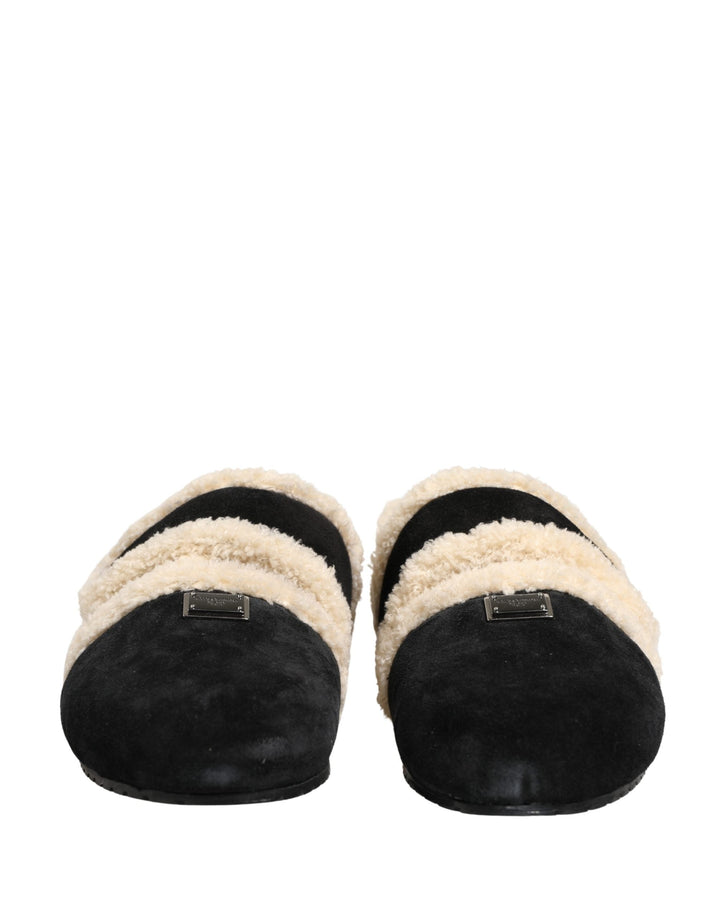 Men’s Dolce &amp; Gabbana Beige Black Faux Fur Flats Men Sandals Shoes