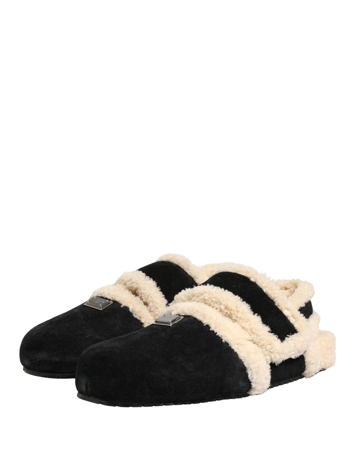Men’s Dolce &amp; Gabbana Beige Black Faux Fur Flats Men Sandals Shoes