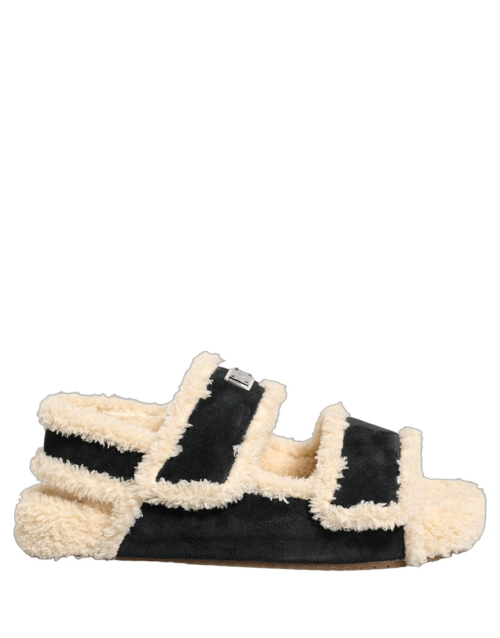 Men’s Dolce &amp; Gabbana Beige Black Faux Fur Flats Men Sandals Shoes