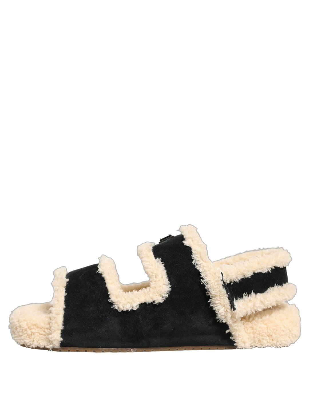 Men’s Dolce &amp; Gabbana Beige Black Faux Fur Flats Men Sandals Shoes
