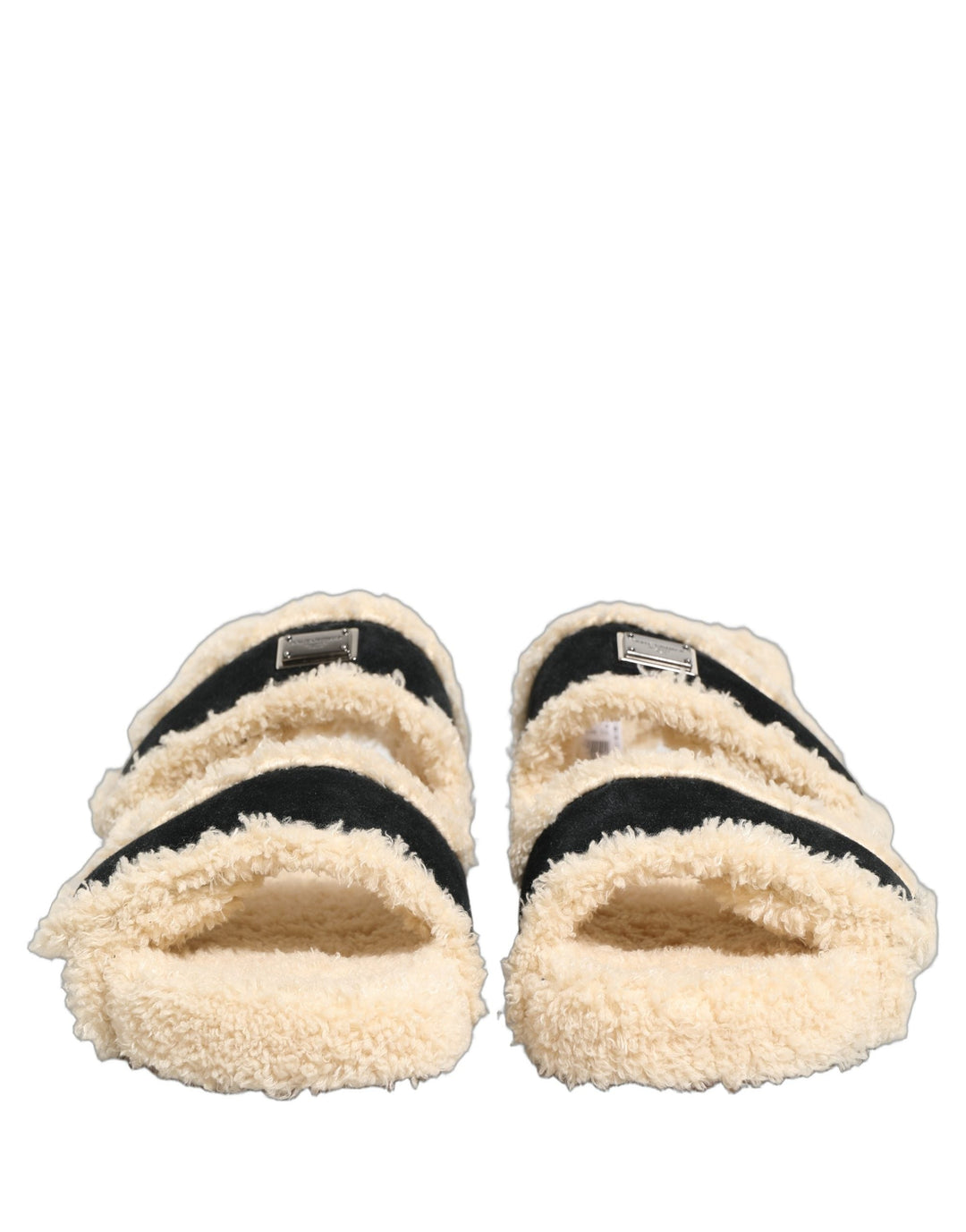 Men’s Dolce &amp; Gabbana Beige Black Faux Fur Flats Men Sandals Shoes