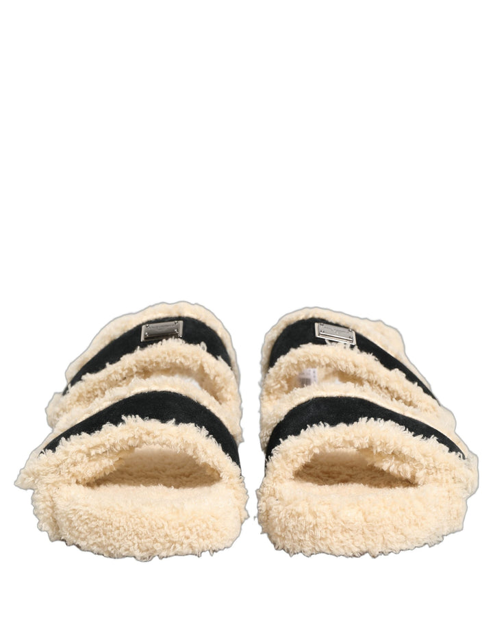 Men’s Dolce &amp; Gabbana Beige Black Faux Fur Flats Men Sandals Shoes